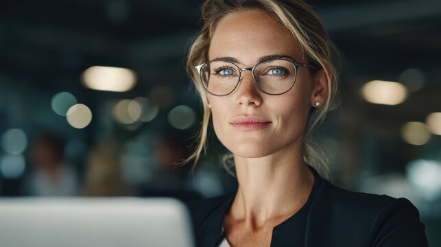 professional businesswoman working on laptop wearing stylish eyeglasses displaying confidence and competence in contemporary corporate workspace