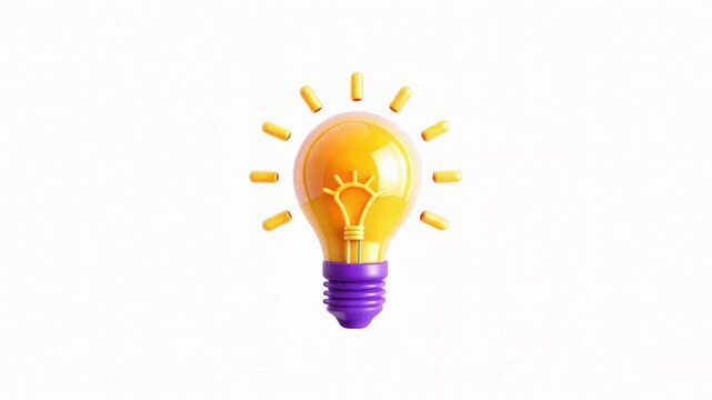 A bright light bulb with yellow rays and a purple base against a white background, symbolizing creativity and innovation.