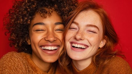 close up shot of happy carefree mixed race women smile gladfully with teeth enjoy nice day stand closely to each other laugh positively isolated over vivid red background human emotions concept no lo
