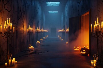 Fototapeta premium Haunted candlelit corridor with gothic Halloween atmosphere 