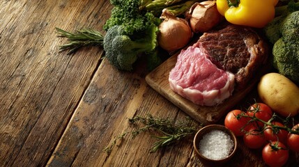 balanced diet cooking culinary and food concept  close up of vegetables fruits and meat on wooden table no logos no brands ar 169