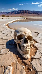 A skull rests on cracked earth, near a desert pool