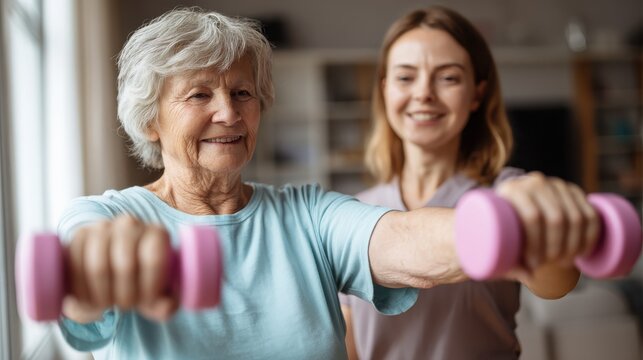 old woman training with physiotherapist using dumbbells at home therapist assisting senior woman with exercises in nursing home elderly patient using dumbbells with outstretched arms no logos no bran