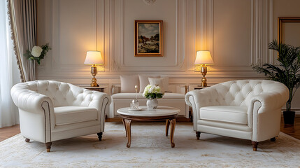 Elegant living room interior with white armchairs and sofa