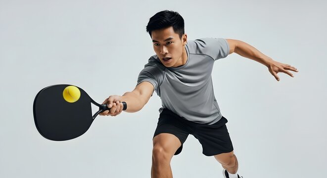 Athletic asian man playing padel tennis with focus and determination in action shot