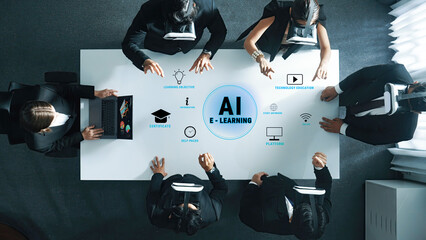 A diverse group of professionals engages in an AI-driven e-learning discussion, utilizing virtual reality technology to enhance their online education strategies and innovative solutions. Trope