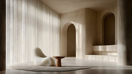 Modern minimalist interior with sunlight and curved walls