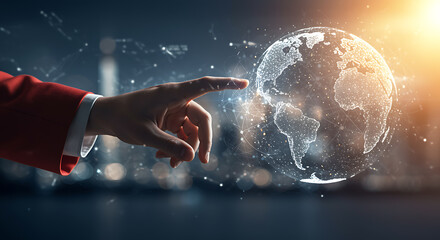 Hand touching glowing digital Earth network connections