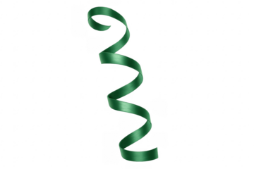 Green satin ribbon spiraling decorative curl on transparent background