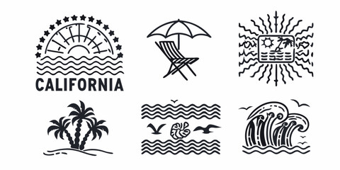 Collection of california beach and ocean themed graphic design elements and icons