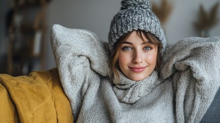 happy young woman sitting on sofa at home and looking at camera portrait of comfortable woman in winter clothes relaxing on armchair portrait of beautiful girl smiling and relaxing during autumn no l