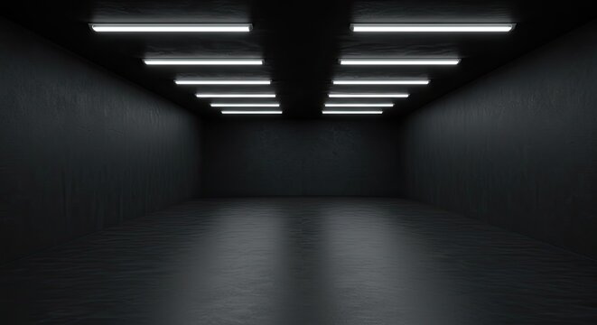Dark minimalist corridor with bright fluorescent ceiling lights creating long shadows on the floor