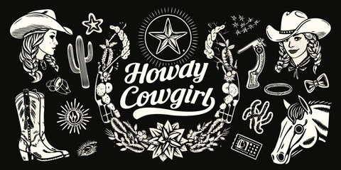 Howdy cowgirl western style illustration with cowboy boots cactus horseshoes and stars