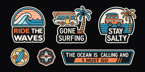Collection of retro surf inspired graphic patches and stickers with ocean and travel themes