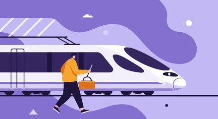 Man walking by modern highspeed train at station Represents travel commute and efficiency