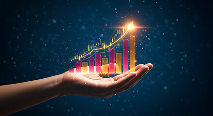 Hand holding glowing rising bar chart with upward arrow