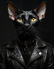 A stylish black cat sporting a leather jacket