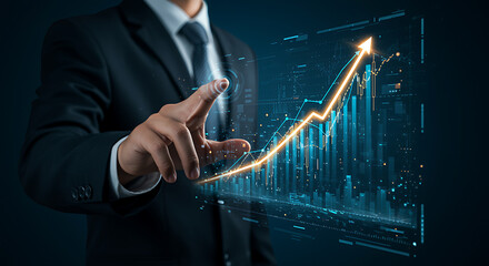 Businessman touching glowing upward trending financial graph