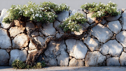 Gnarled vine with white flowers climbing a stone wall, garden backdrop