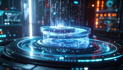 Futuristic digital display showcasing a network of interconnected data streams with glowing blue illumination and concentric circles, forming a complex technological environment with data transfer...