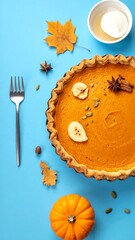 Overhead view of a pumpkin pie.  Fall-themed decor on a vibrant blue background