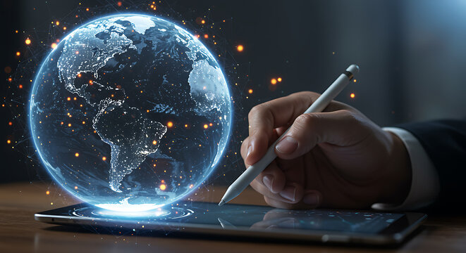 Hand holding stylus interacting with glowing digital earth on tablet