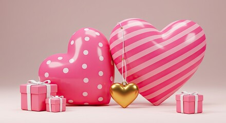 Pink heart shaped balloons and gift boxes with a golden heart ornament