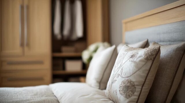Medium shot of a contemporary bedroom set featuring a wooden bed with coordinating fabric headboard softly blurred wardrobe in the background for elegant focus.