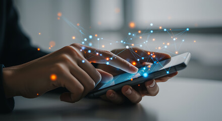 Hands touching smartphone screen with glowing network connections