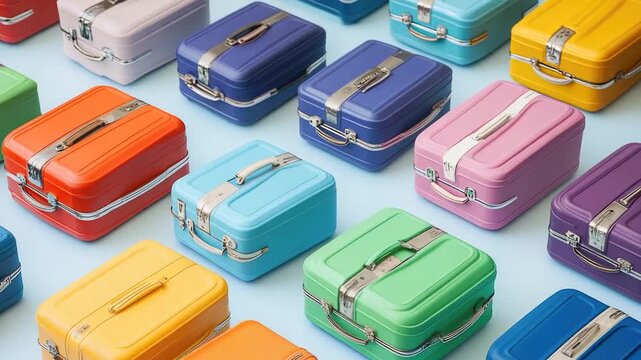A collection of colorful suitcases arranged on a flat surface, ideal for travel or storage themes