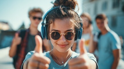 summer holidays and teenage concept  teenage girl in sunglasses and headphones hanging out with friends outside and showing thumbs up no logos no brands ar 169
