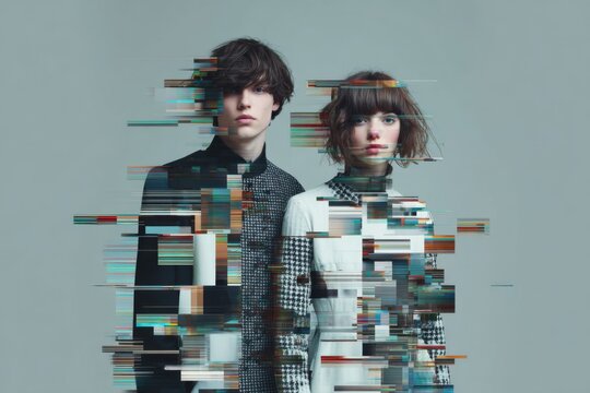 Two young models stand together against a plain background with a distinct digital visual data glitch effect applied.