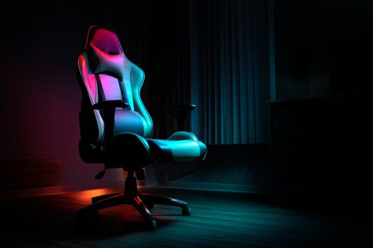 An empty gaming chair sits in a dark room illuminated by dramatic contrasting red and blue neon lights. - Powered by Adobe