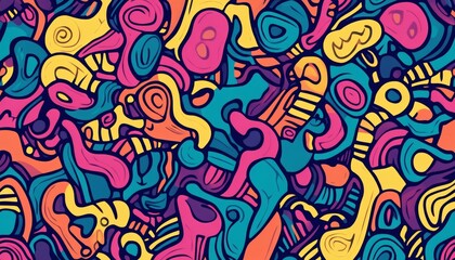 The illustration is an abstract pattern composed of many colorful shapes, predominantly yellow, pink, and teal, arranged in a dense composition.