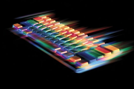 Keyboard keys glow with digital light streaks moving fast across a dark background with abstract color effects.