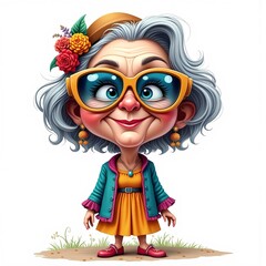 Elderly woman with colorful accessories and a joyful expression standing outdoors in a bright dress