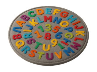 Round felt mat featuring stitched letters and numbers, ideal for home daycare use.