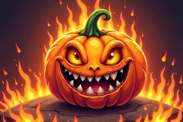 Spooky fiery pumpkin character with sharp teeth and mischievous grin set against bright flames
