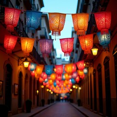Colorful lanterns illuminate a festive street in a historic town during a summer evening celebration