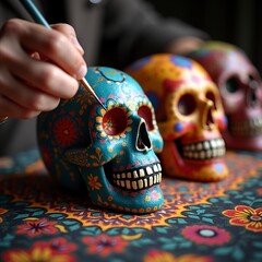 Brightly colored sugar skulls being hand-painted in a vibrant studio setting during a creative session
