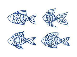 Vector hand drawn linear fish collection isolated on white. Coloring page for kids