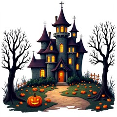 Haunted castle with glowing windows surrounded by pumpkins in an eerie landscape at dusk
