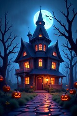 Spooky haunted house surrounded by pumpkins under a full moon at night