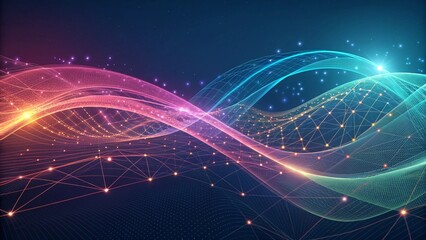 Abstract Futuristic Network Background with Wavy Digital Data Stream and Glowing Connections

