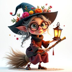 Cute illustration of a whimsical elf girl holding a lantern while riding a broomstick surrounded by flowers