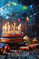 A festive Hanukkah cake with lit candles, colorful sprinkles, and decorative ornaments. The background features twinkling lights, creating a celebratory atmosphere