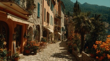 Fototapeta premium Sunlit European village street with lush greenery and stone facades for tourism promotion. 