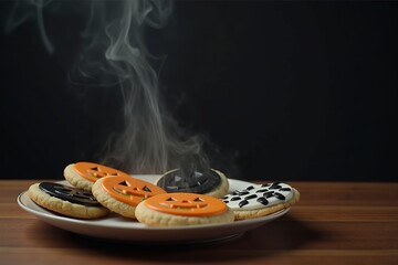 Halloween cookies with spooky designs and wisps of smoke rising from a plate on a wooden table