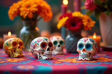 Colorful sugar skulls on a vibrant table during a festive celebration in Mexico
