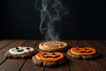 Delicious Halloween cookies with spooky designs and steam rising in a dark setting on wooden table